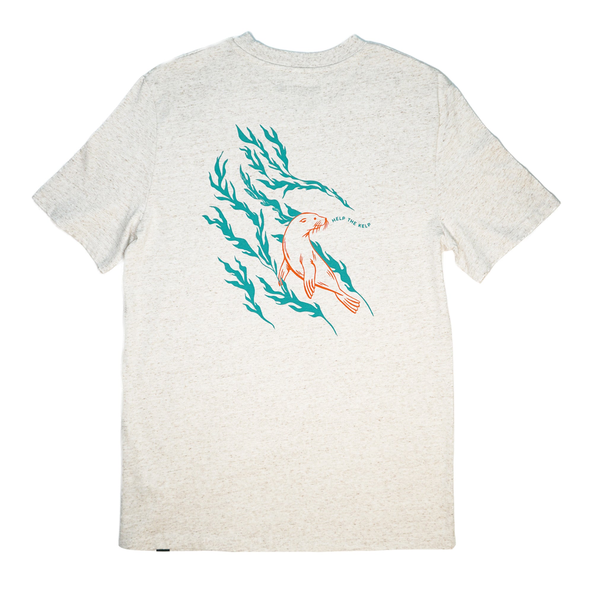 Gray t-shirt with sea lion and kelp designs on a white background