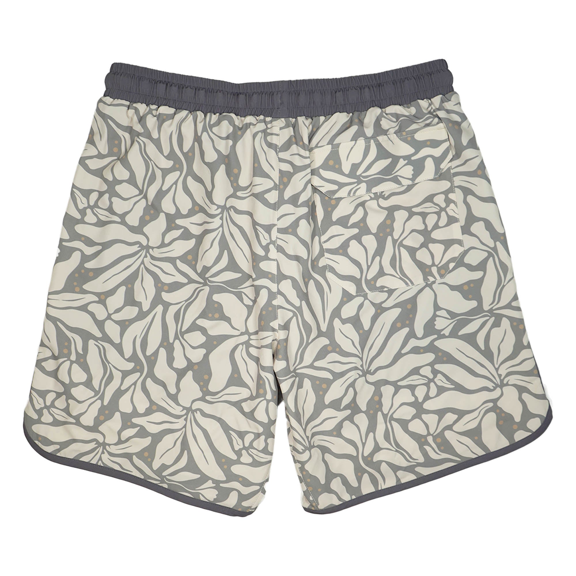 Everyday California boardshorts with leaf pattern and dark gray trim on a white background