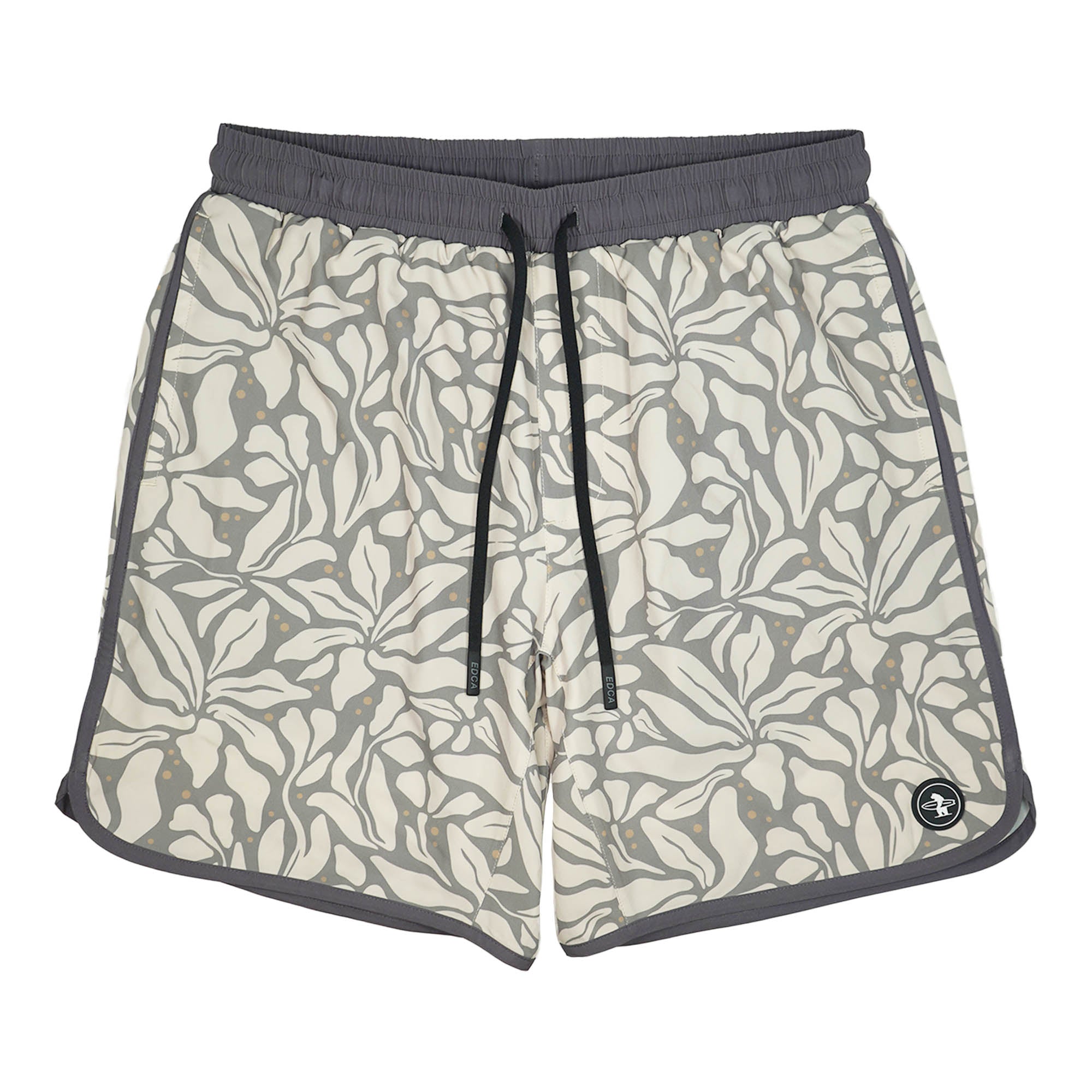 Everyday California boardshorts with leaf pattern and dark gray trim on a white background