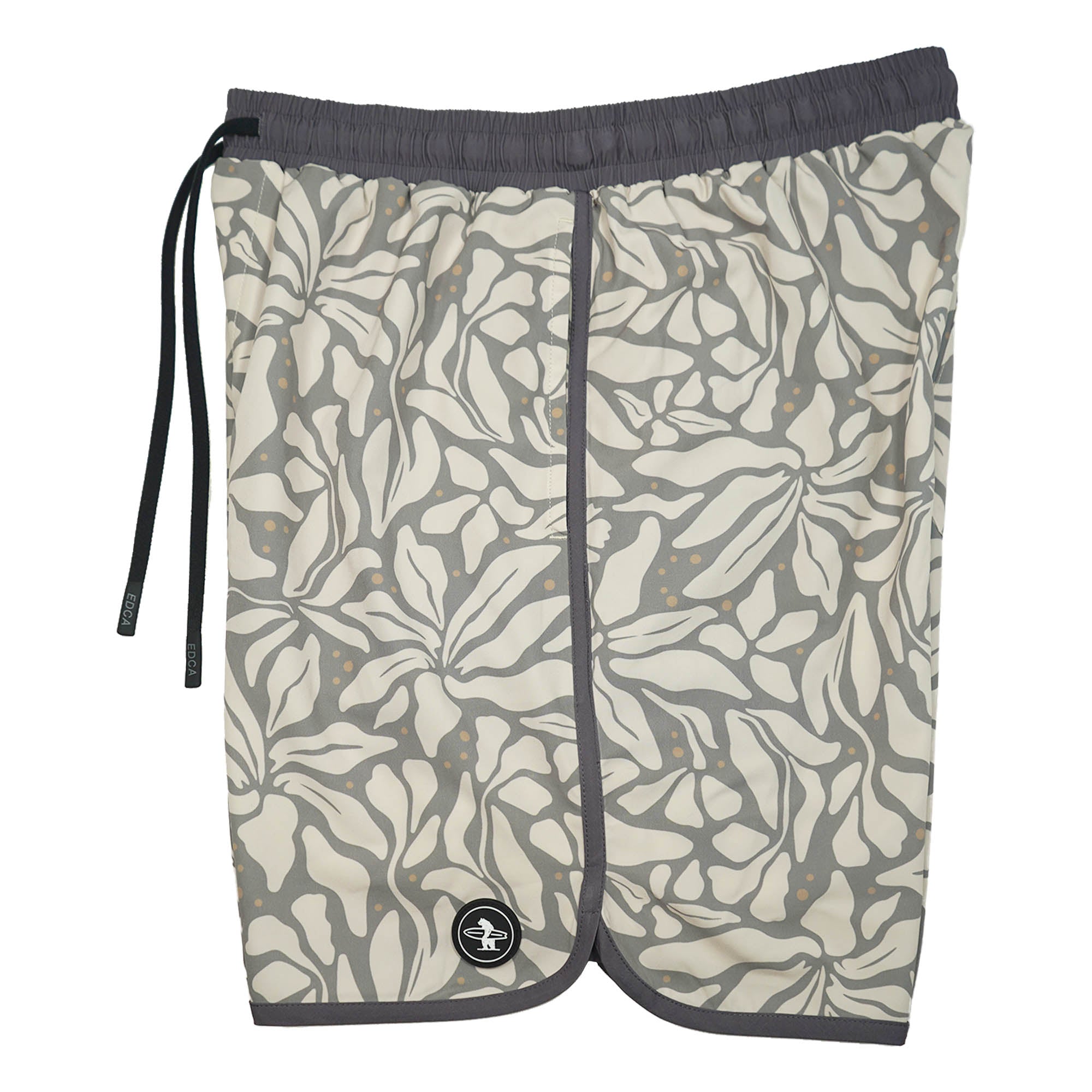 Everyday California boardshorts with leaf pattern and dark gray trim on a white background