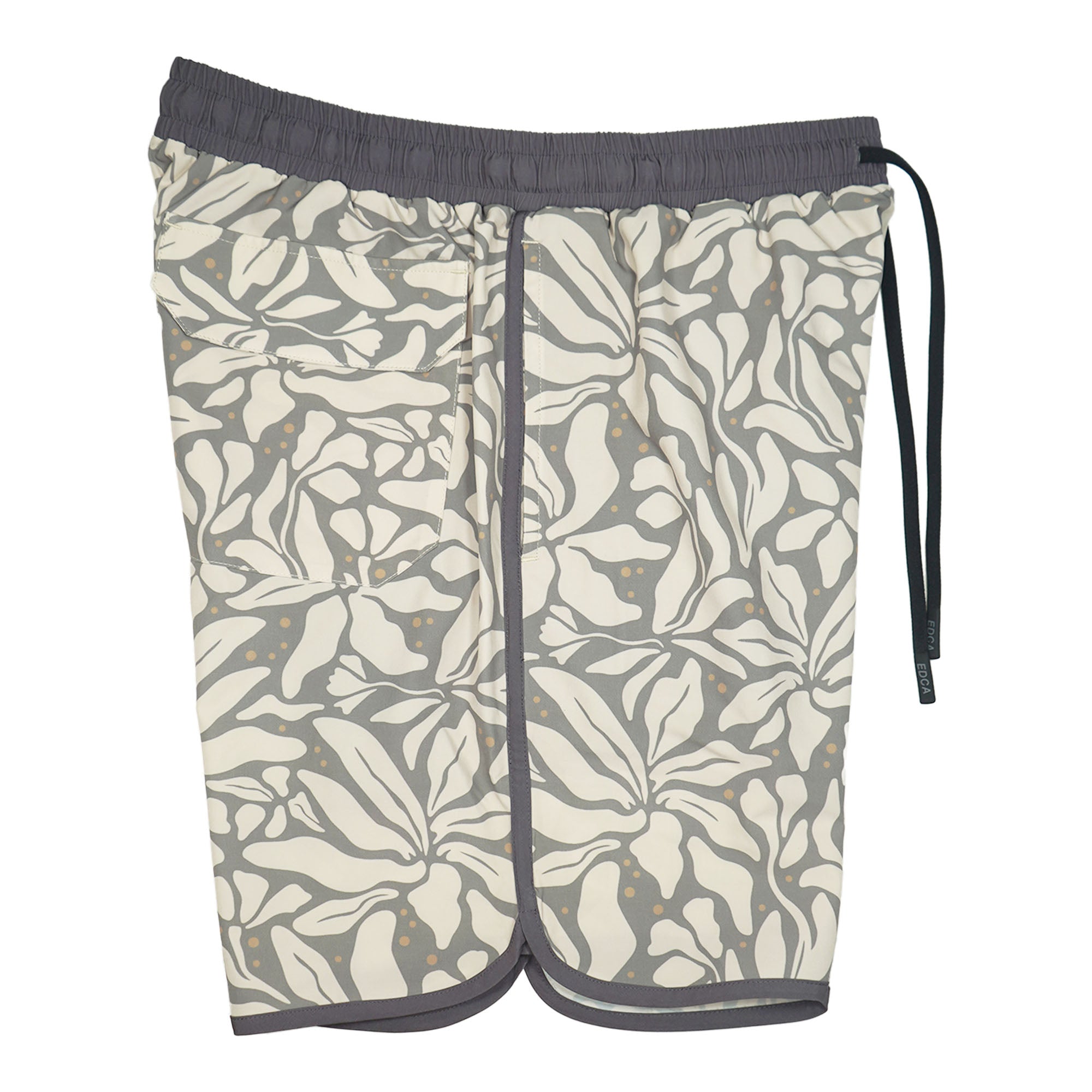 Everyday California boardshorts with leaf pattern and dark gray trim on a white background