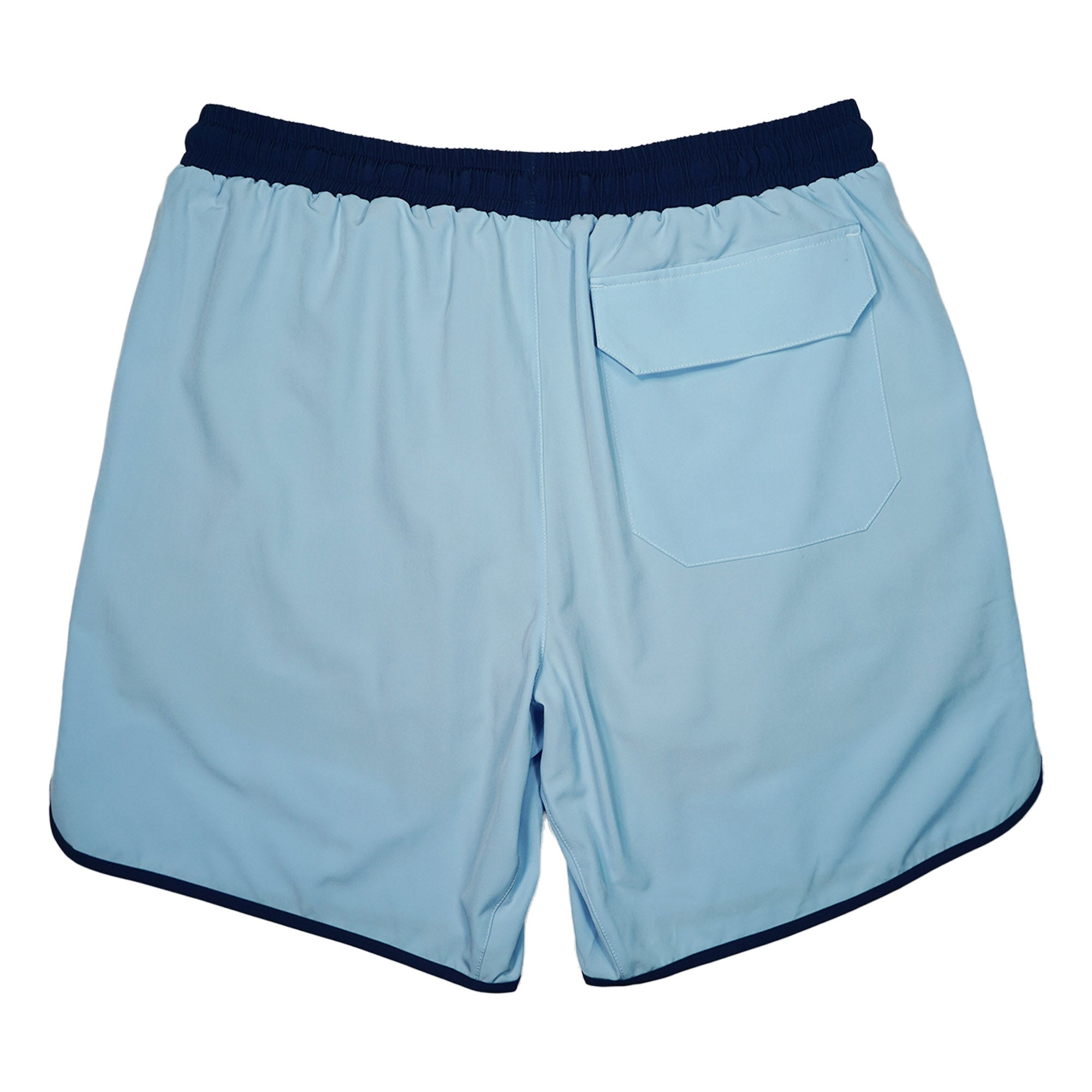 Everyday California light blue board shorts with navy trim on a white background