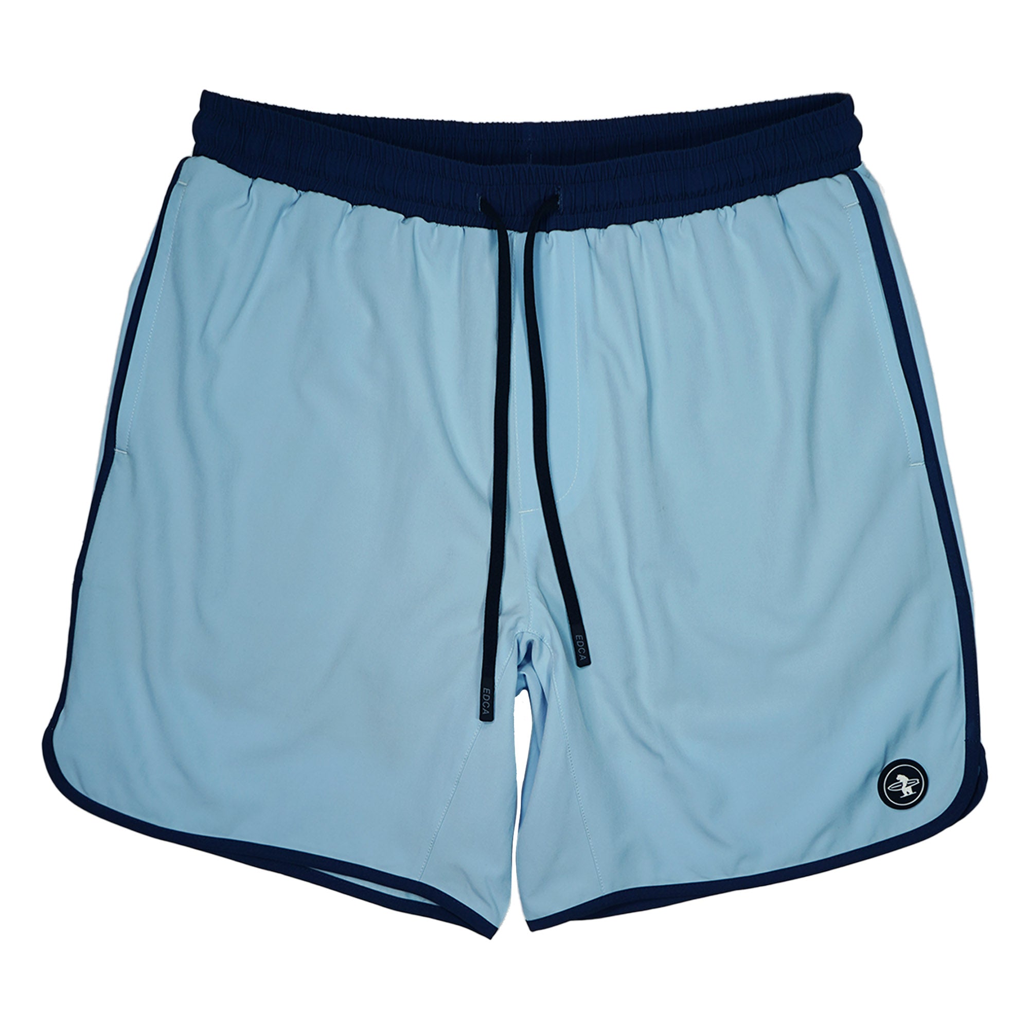 Everyday California light blue board shorts with navy trim on a white background
