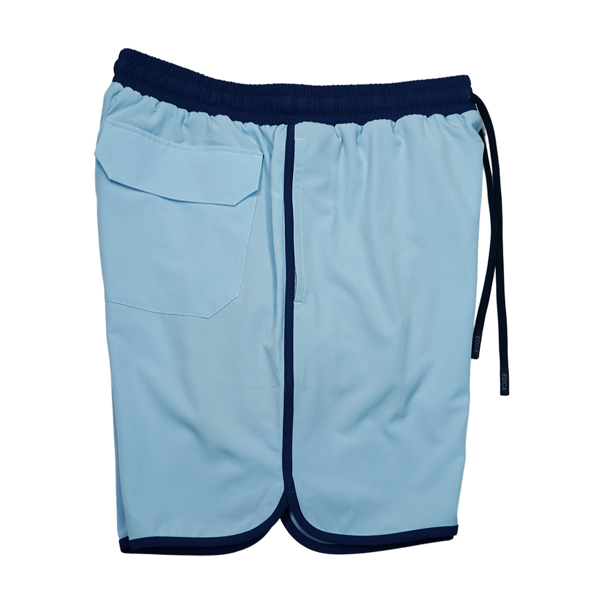 Everyday California light blue board shorts with navy trim on a white background