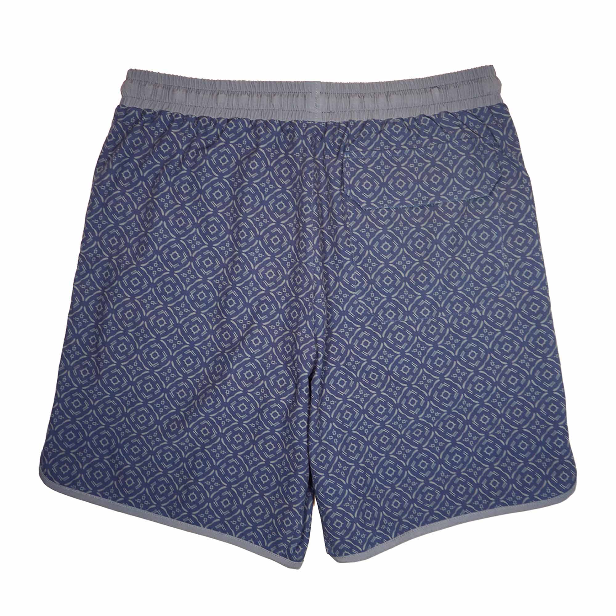 Everyday California navy blue patterned boardshorts with a brand logo on a white background