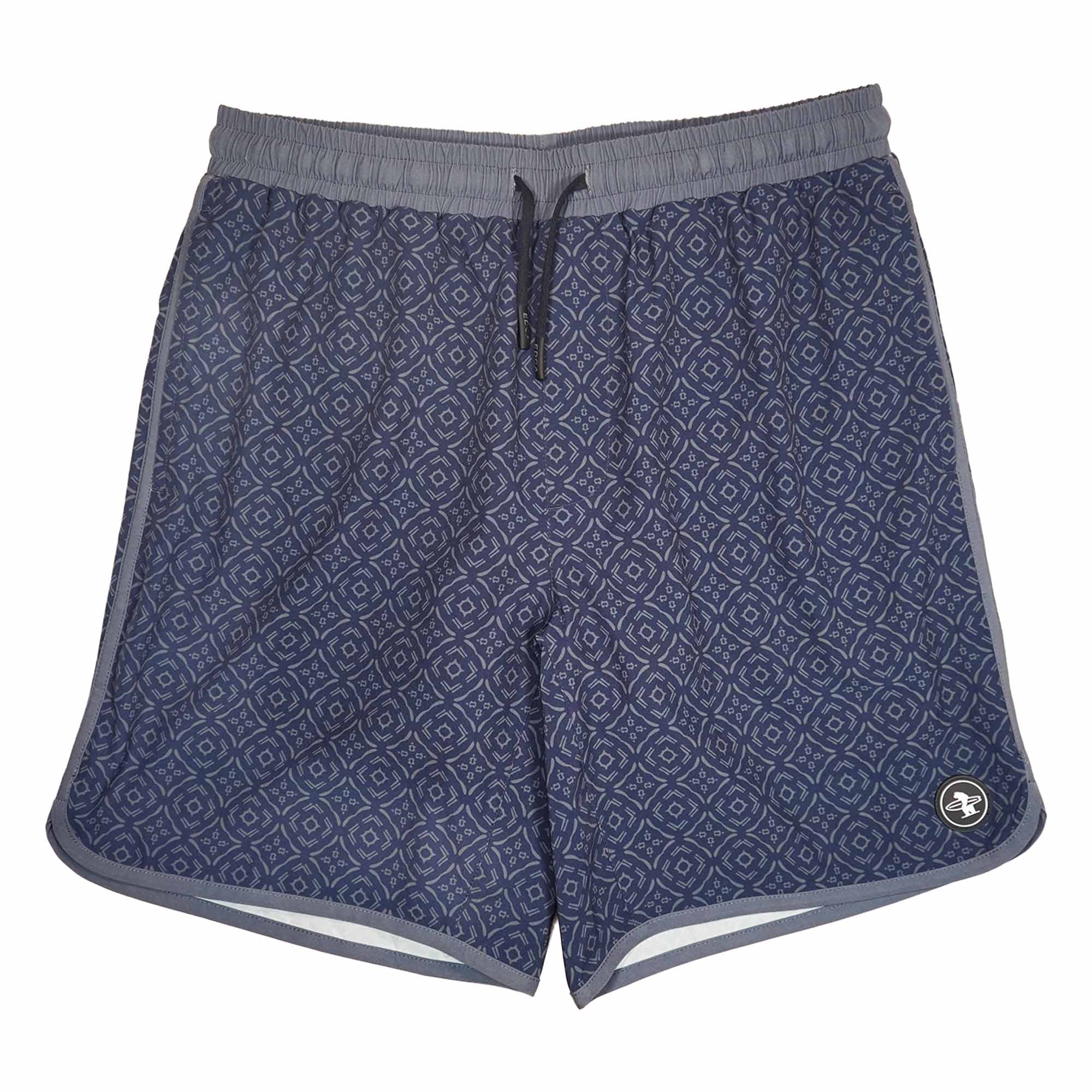 Everyday California navy blue patterned boardshorts with a brand logo on a white background