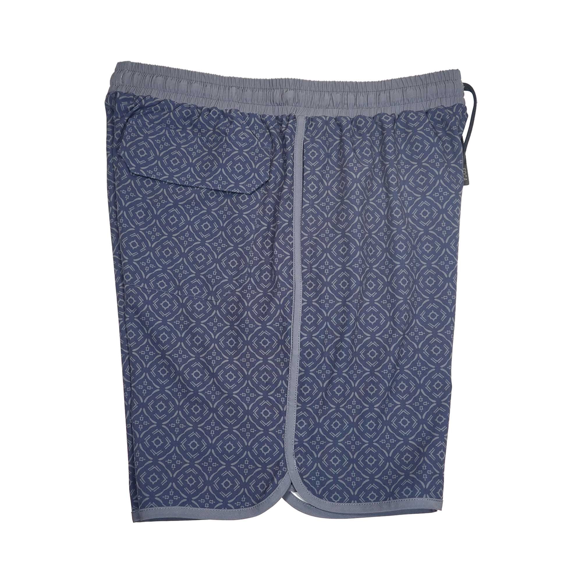 Everyday California navy blue patterned boardshorts with a brand logo on a white background