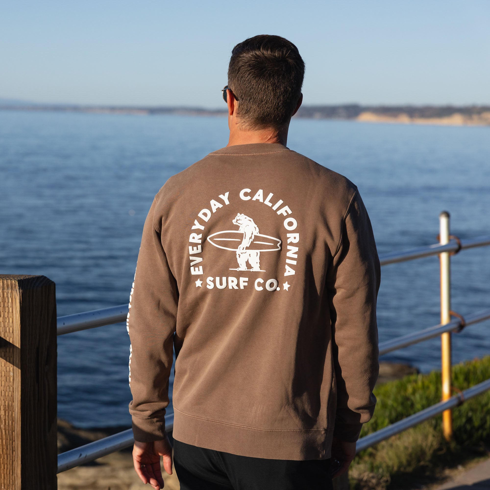 Back view of male model wearing Everyday California Puff Print crewneck hoodie
