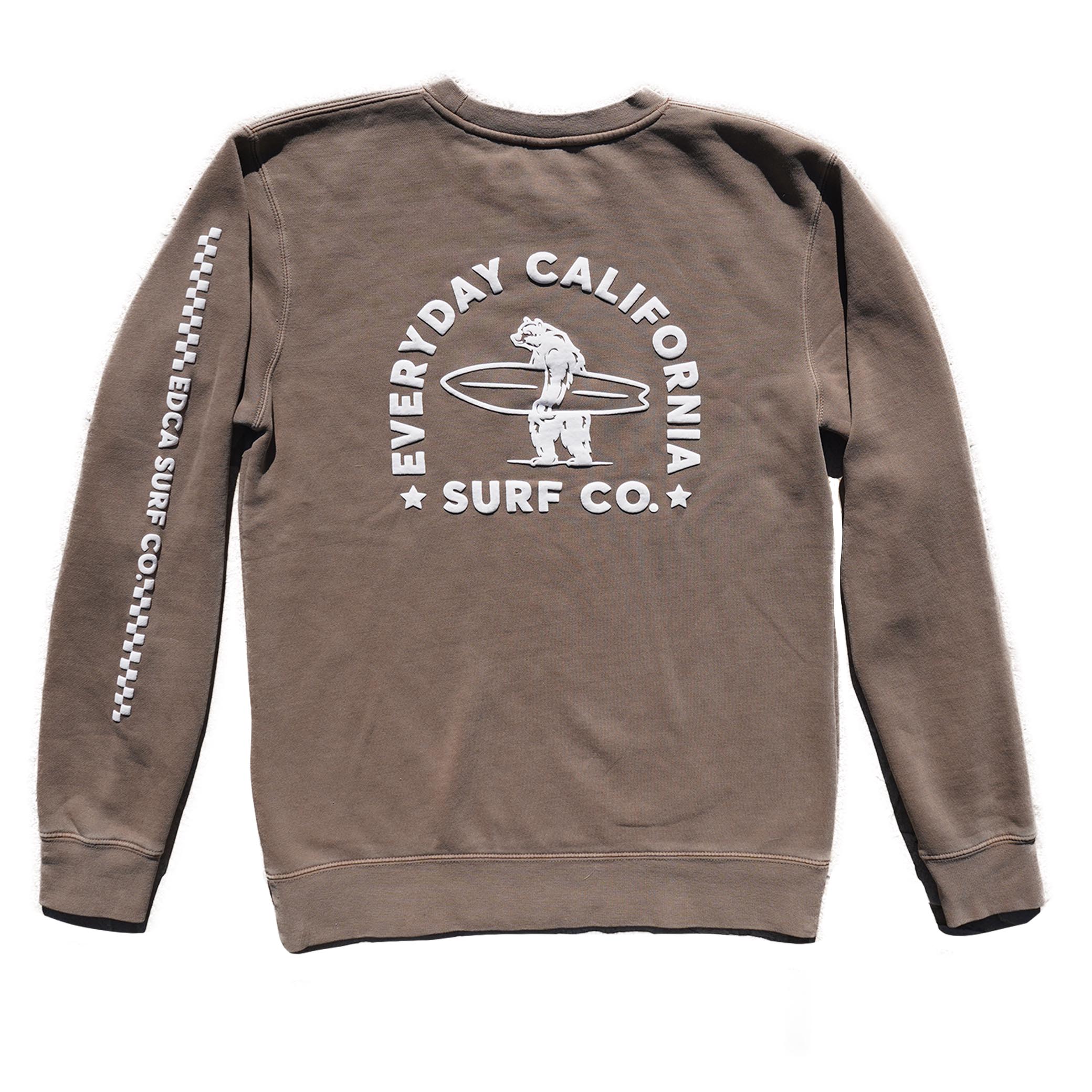 Brown Everyday California crewneck with bear holding a surf board logo