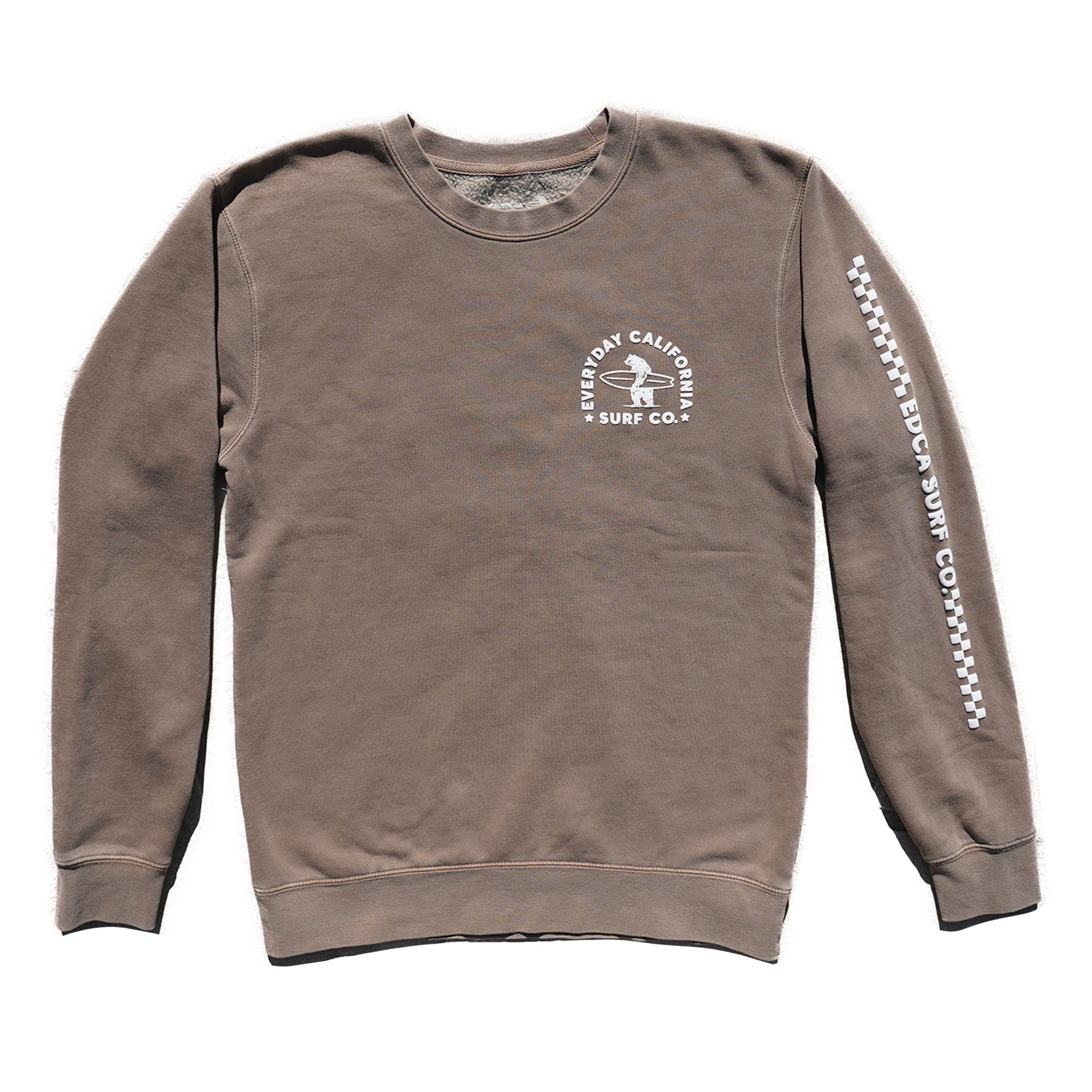 Brown Everyday California crewneck with upper right chest logo of bear holding a surfboard