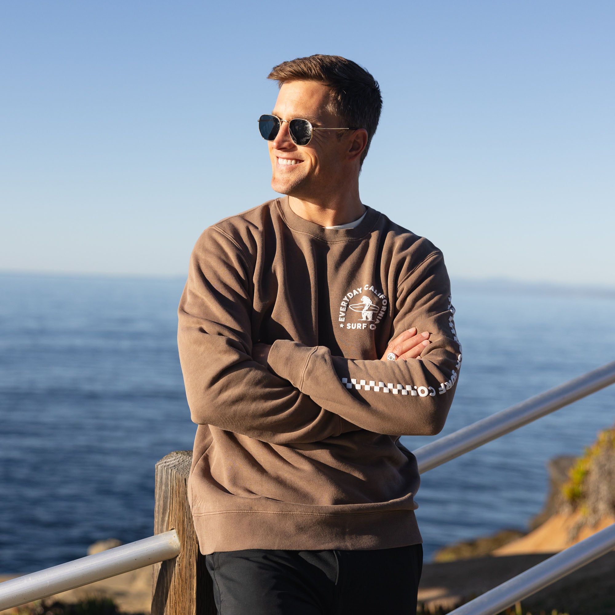 Front view off Male Model wearing Everyday California Puff Print crewneck