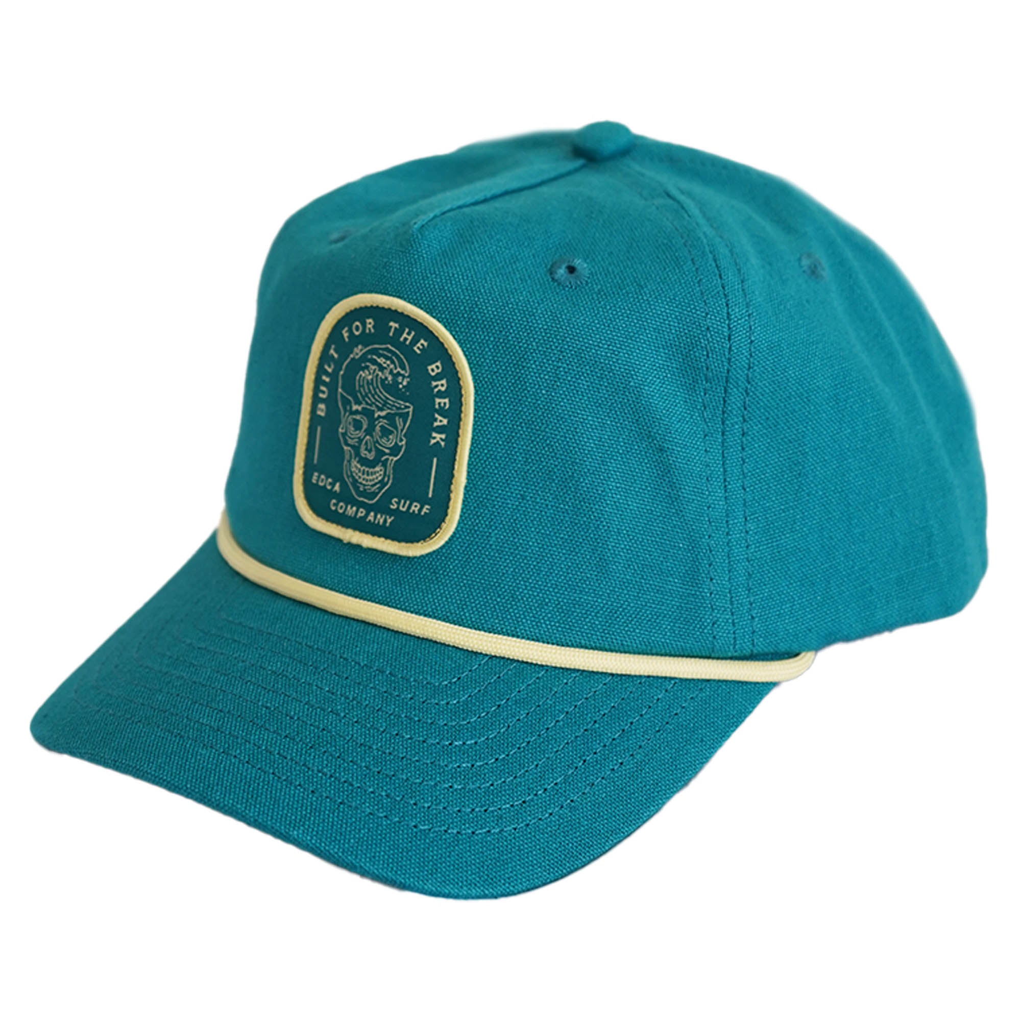 Teal canvas snapback with "Built for the Break" skull patch and cream rope brim detail