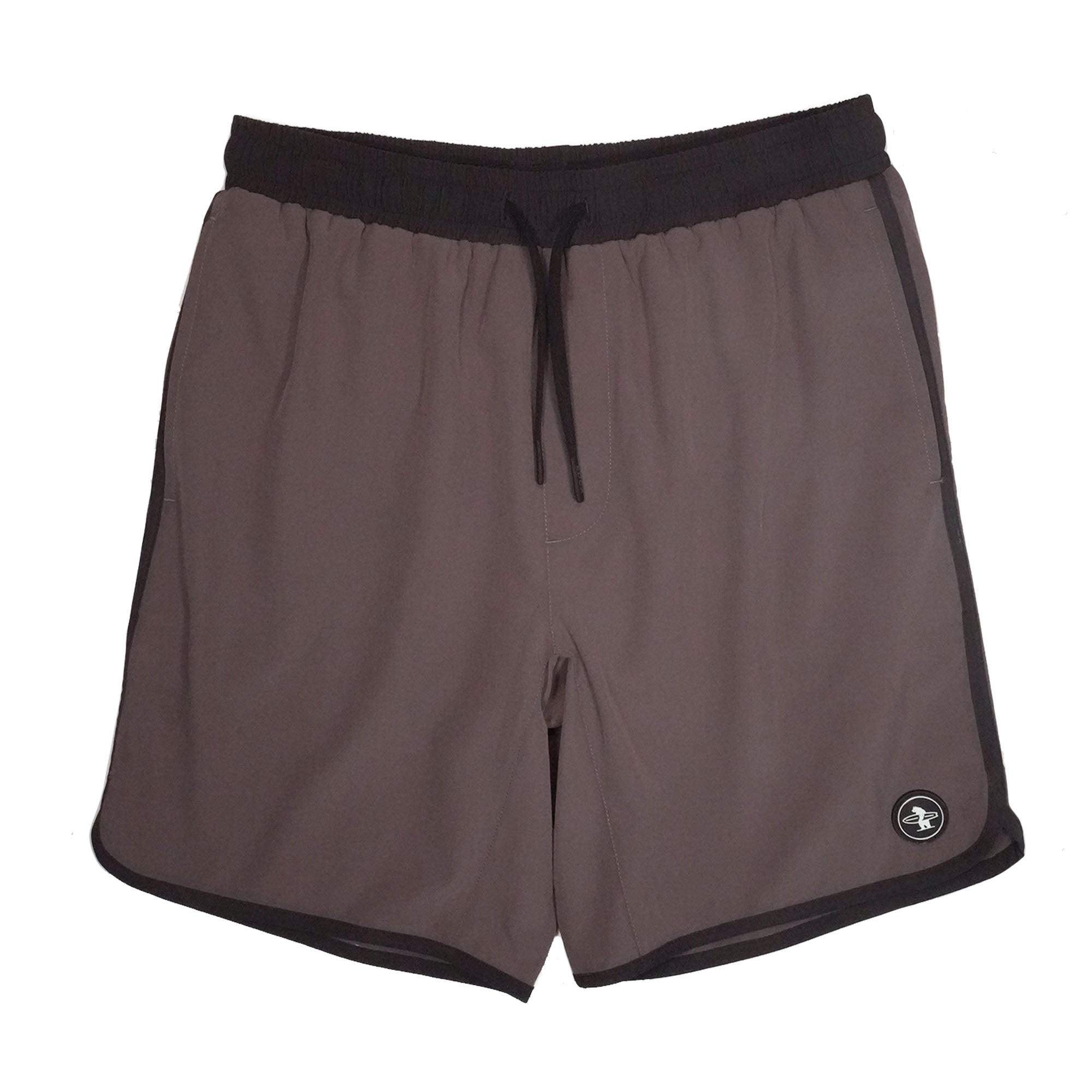 Everyday California brown boardshorts with black trim on a white background