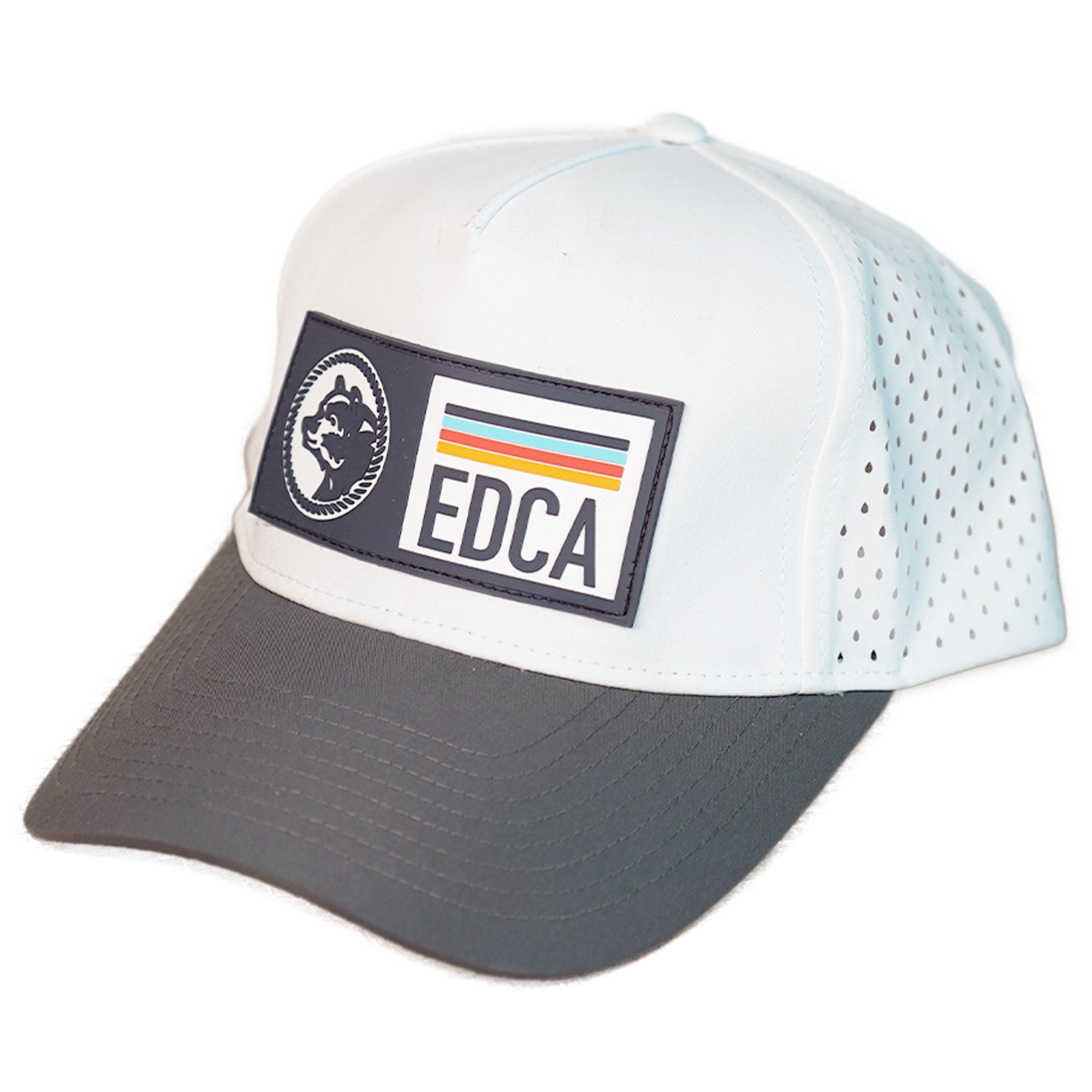 White and gray cap with a logo and text on a white background