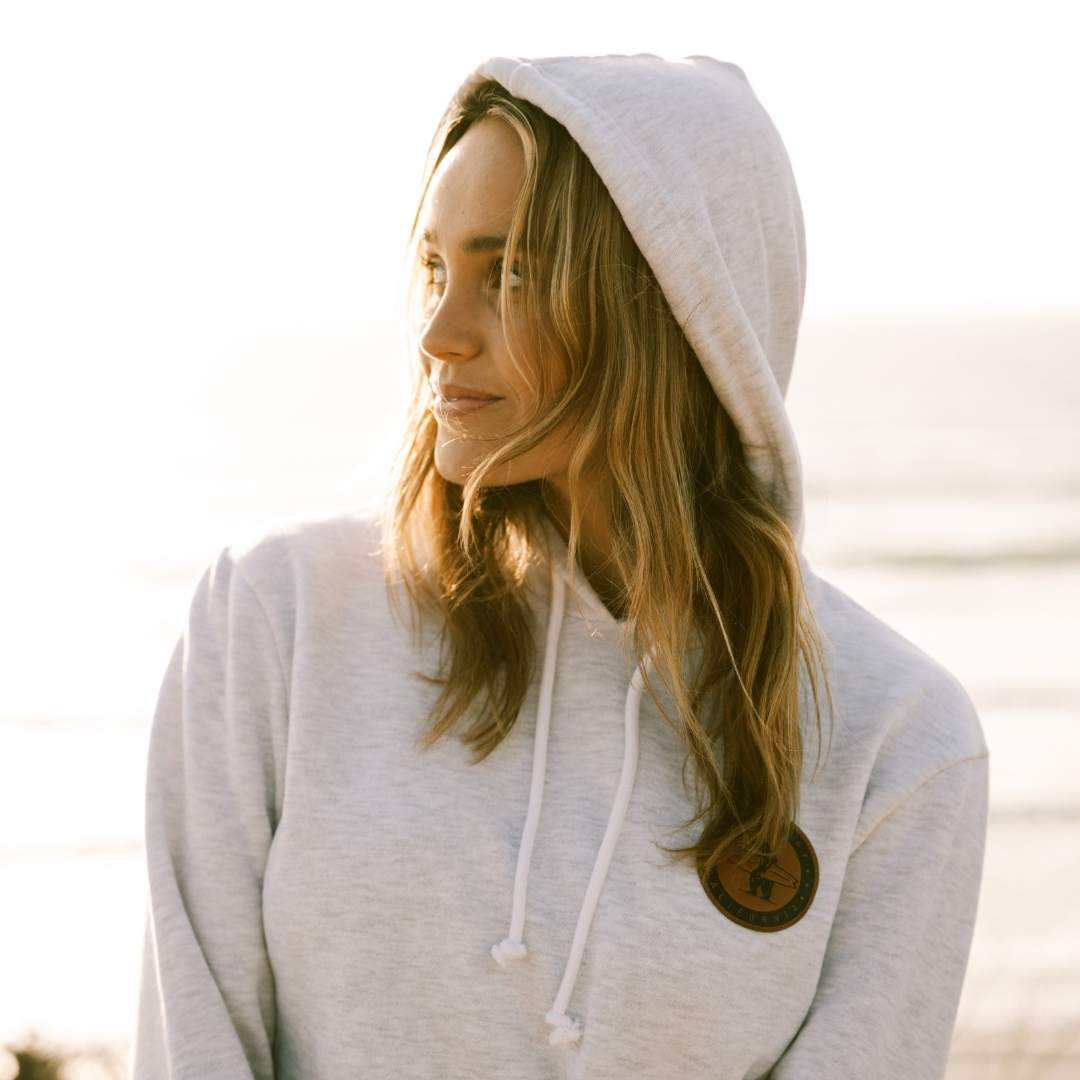 The Challenger Hoodie in Silver from everyday California. It is the soft, not too thick, but still keeps you warm on a breezy Beachy day.