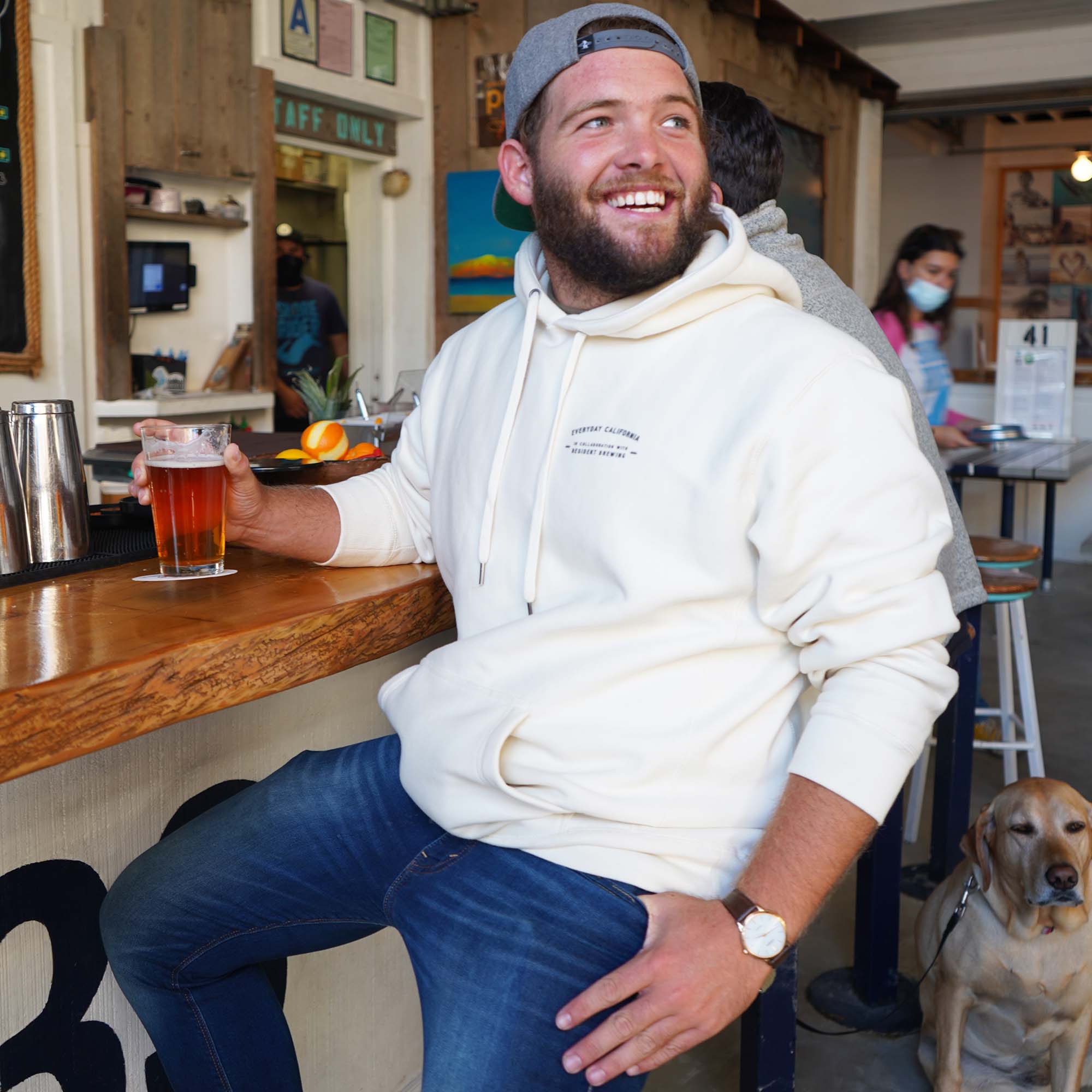 Everyday California Brewmaster Hoodie - thick cream hoodie with Brutus the Bear logo holding a beer