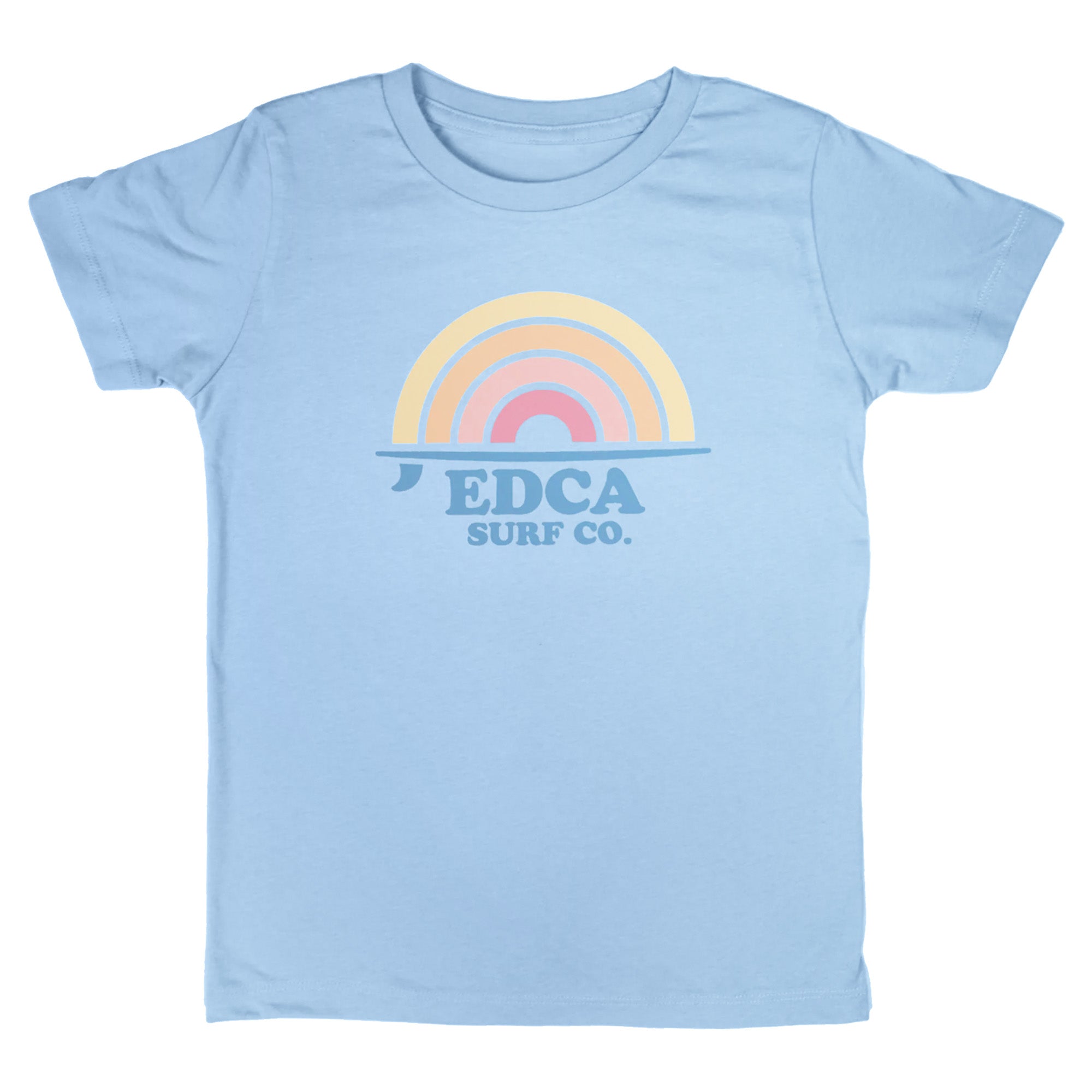 Cambria Tee - Rainbow with surfboard design on a baby blue tee