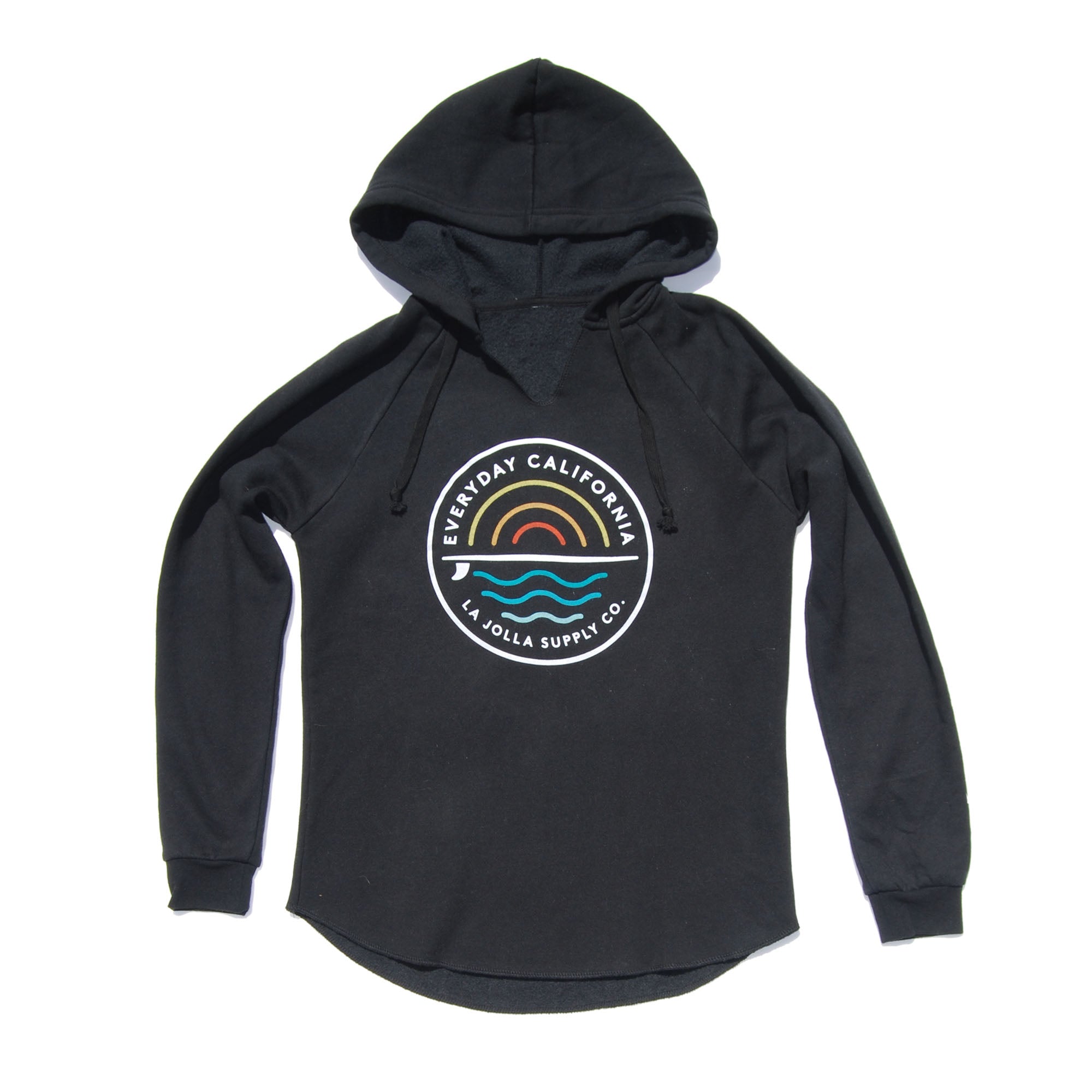 Everyday California Women’s Cabrillo Hoodie - Black women’s hoodie with sun and sea logo with text Everyday California and La Jolla Supply Co.